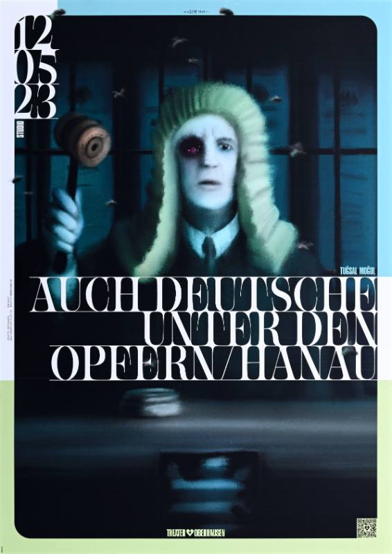 A poster of a judge in a long blonde wig with one eye.
