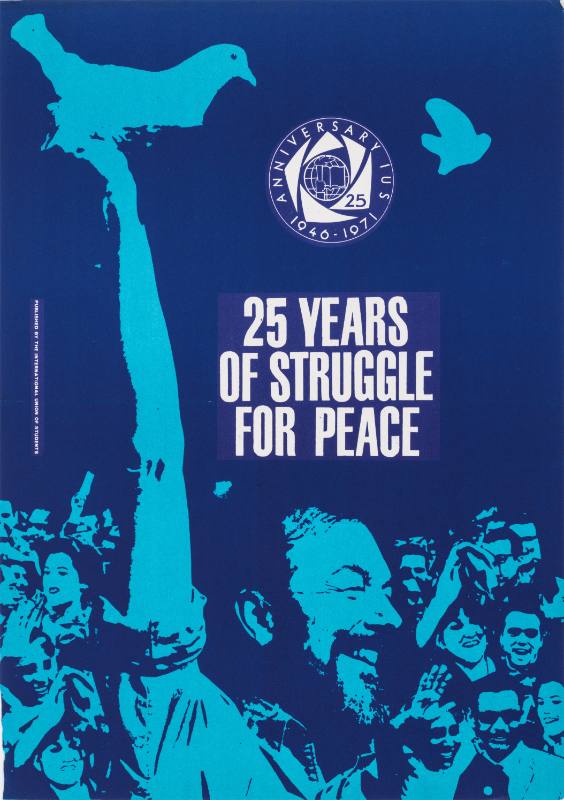 A poster of people smiling in a crowd with a man in front raining a dove with his hand.