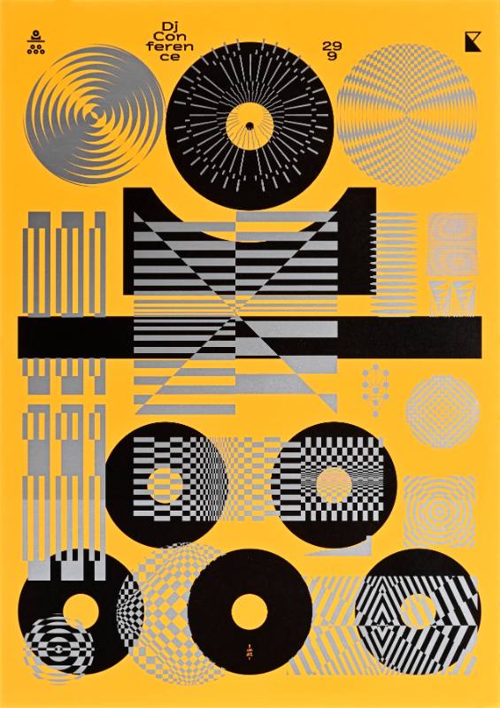 A poster of black and silver geometric shapes on an orange background