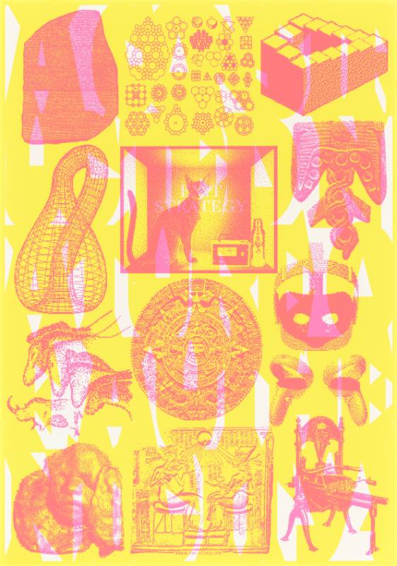 A poster of mathematical designs, furniture, a cat, and other symbols printed in pink on yellow paper