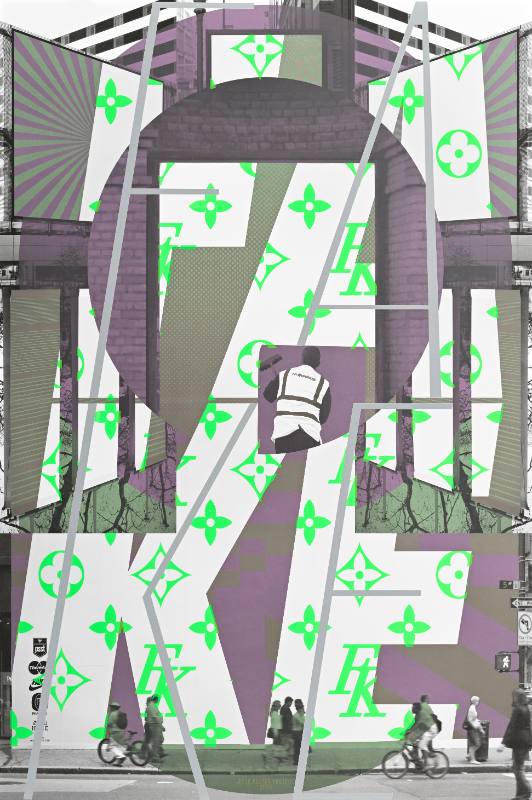 A poster of abstracted letters and brick walls covered in a green floral print