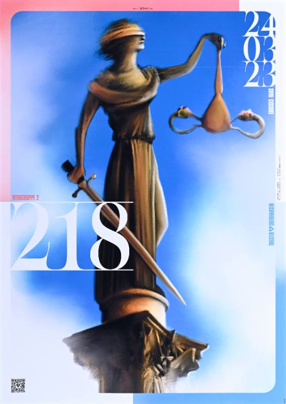 A poster of a statue holding a scale and a sword with a blindfold on