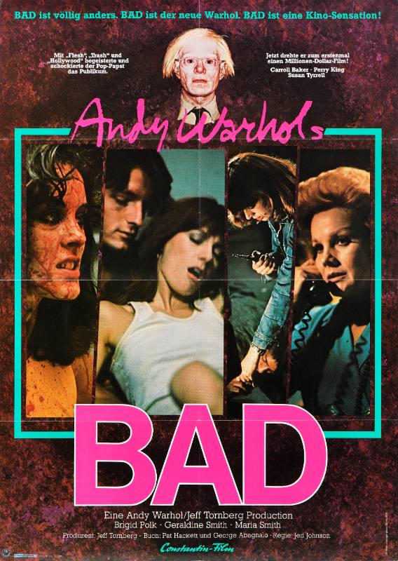 A poster with a photographic montage of a white woman covered in blood; a white man and woman embracing sensually; and two white women holding telephones.