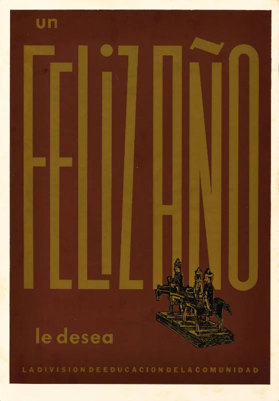 A poster of three statues of men on horseback underneath large golden text on a brown backround