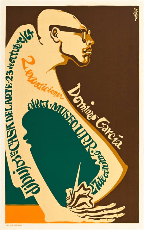 A poster of a man with glasses crouched over and drawing with a pen Image