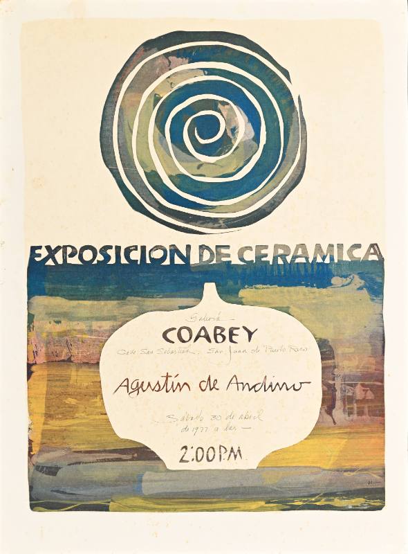 A poster of an abstract ceramic vase underneath a spiral