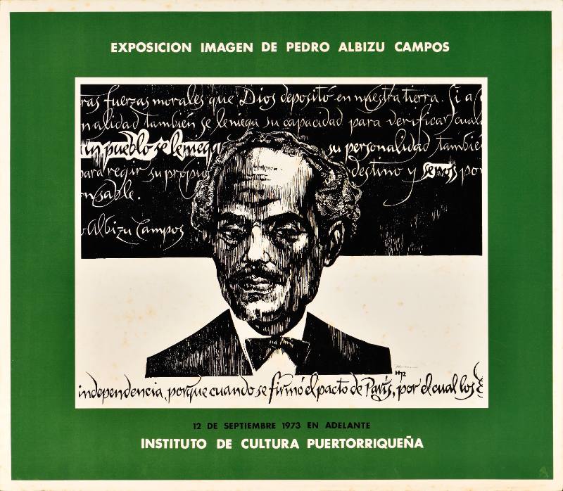 A poster of a solemn Latino man in a bow tie underneath handwritten text