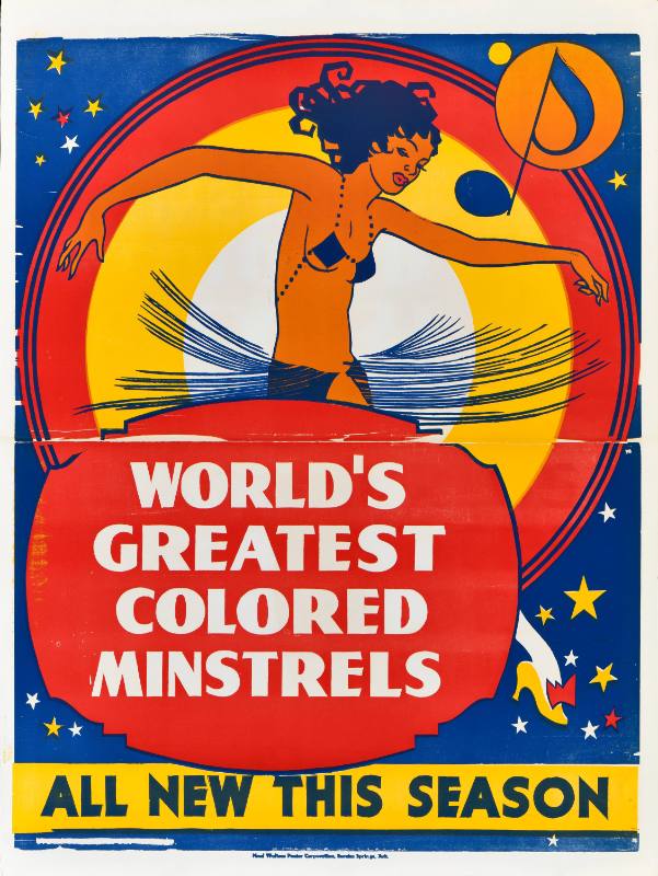 A poster of a Black woman in a bikini and straw skirt dancing at the center of colorful circles, stars, and a music note.