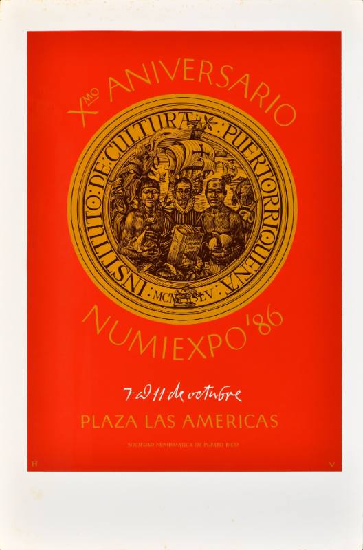 A red poster of a gold coin featuring a drawing of two indigenous men and a Spanish man