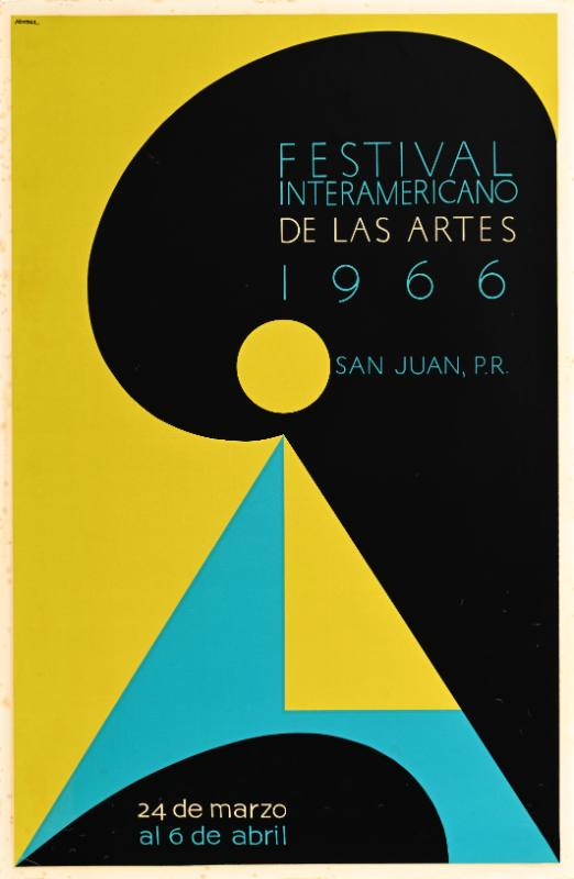 A poster of abstract yellow, blue, and black shapes with text superimposed over them