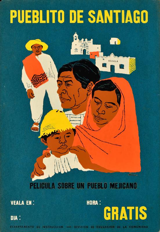 A poster of a man, woman, and child with tan skin in front of a white stone building