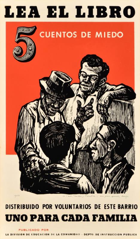 A poster featuring a woodcut of four older men in hats talking with one another