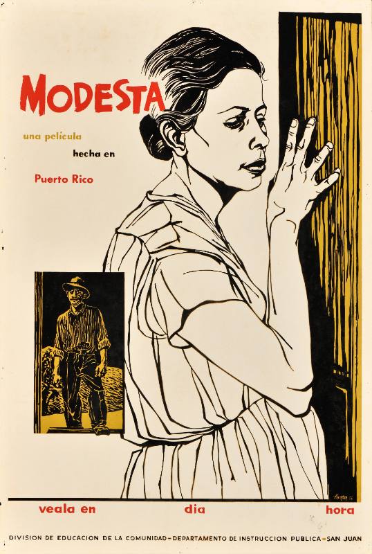A poster of a woman leaning against a door; in the bottom left, there is a cutout of a man in farmer's clothing
