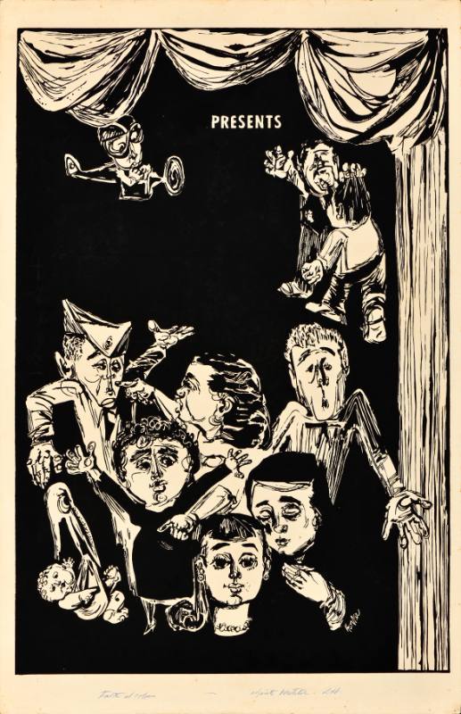 A poster of various cartoon people peeking out from behind curtains on a stage