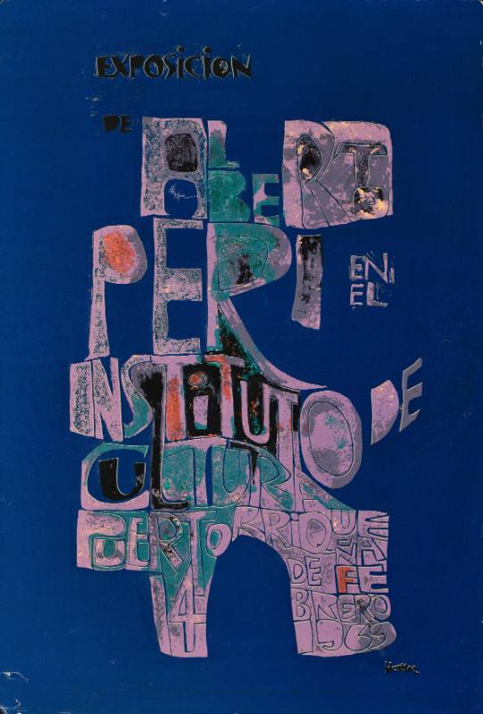 A poster of abstracted purple text in the shape of a building