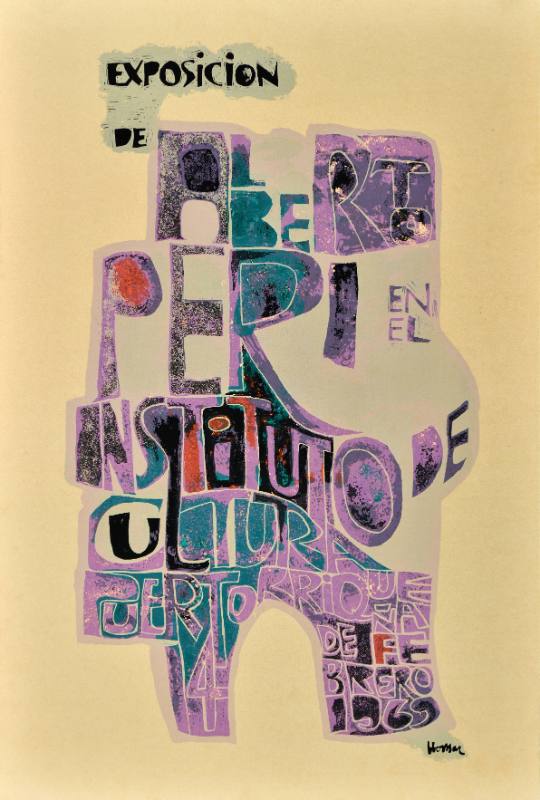 A poster of abstracted purple text in the shape of a building