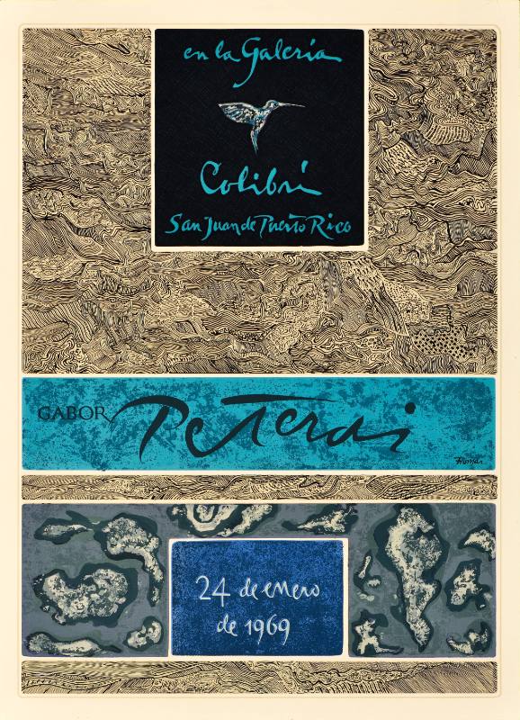 A poster made out of abstracted lines and text forming the shape of waves, a map, and a hummingbird