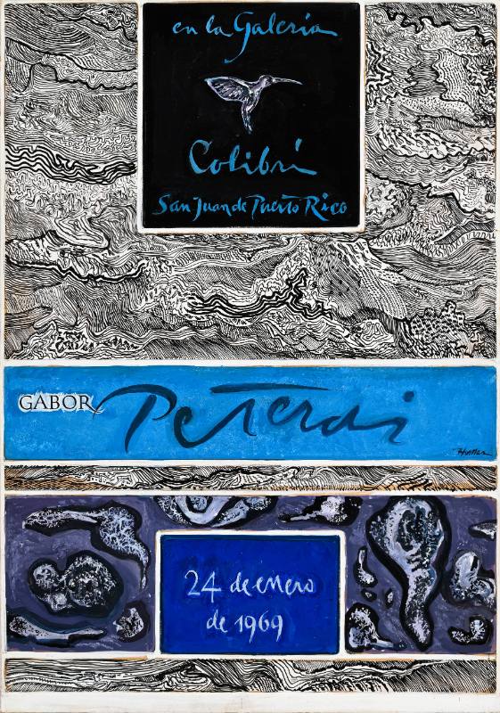 A poster made out of abstract lines forming the shape of a map, waves, and a hummingbird