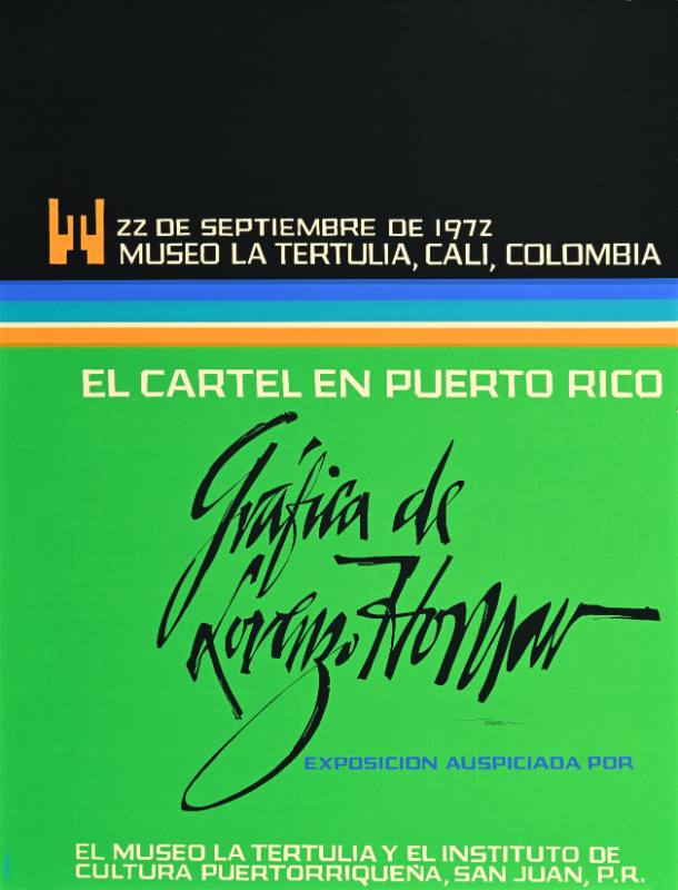 A poster of green, blue, orange, and white stripes on a black background