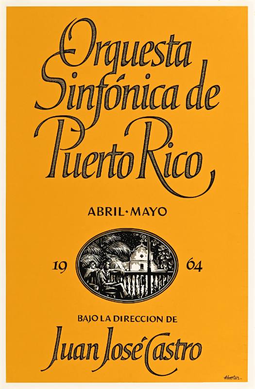 A poster with a small roundel at the center showing a man on a balcony looking at a church