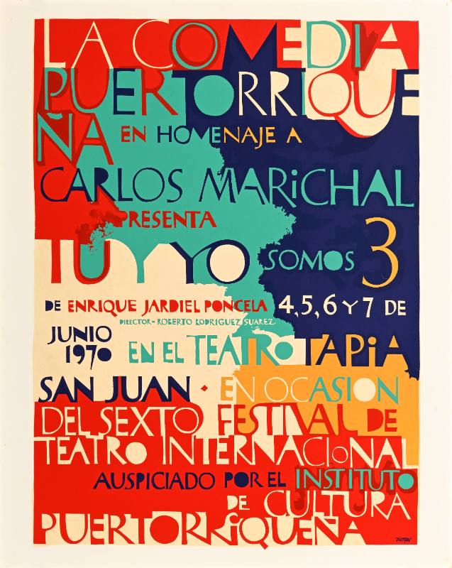 A poster of blobs of color surrounding blocky text shaped like a building