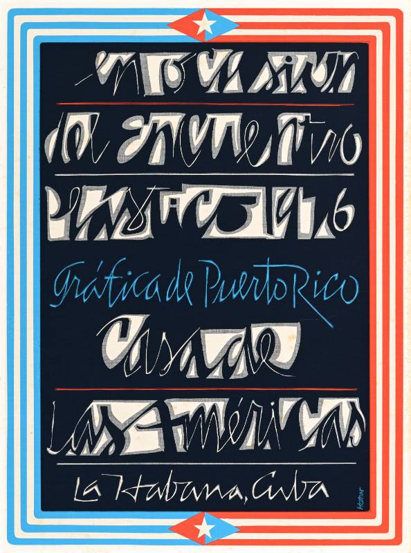 A poster of blocky text on black background with a red, white, and blue border