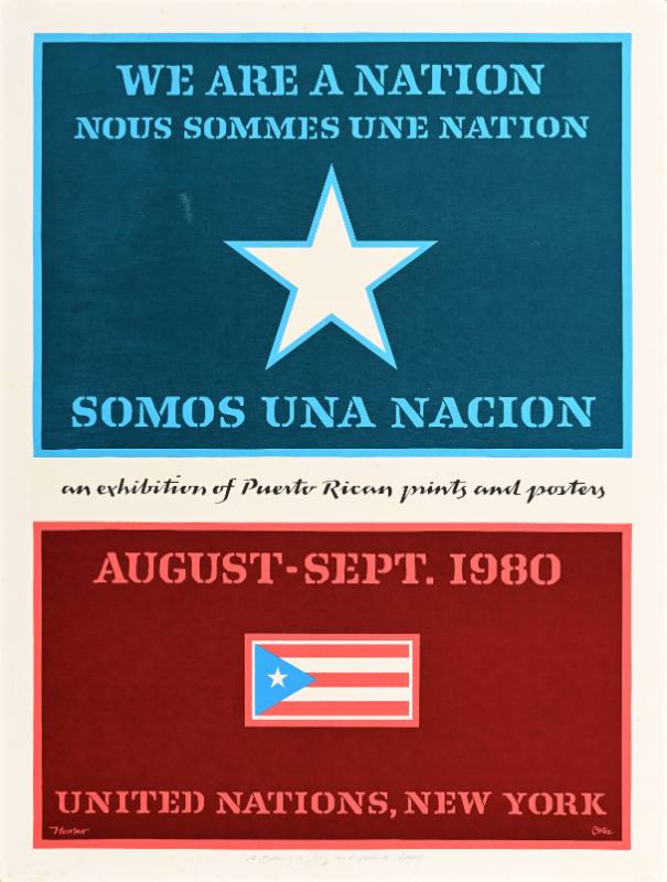 A poster of a blue rectangle with a white star above a red rectangle with the Puerto Rican flag