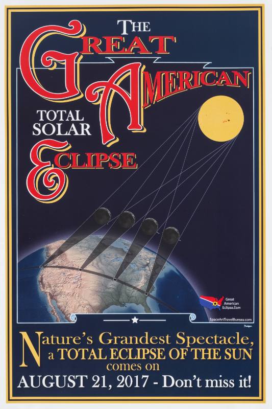 A poster of the sun and moon with lines showing eclipse shadows appearing over the United States.