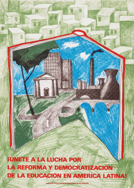 A poster of an open book showing a sketched town with a university in front of crowded buildings.
