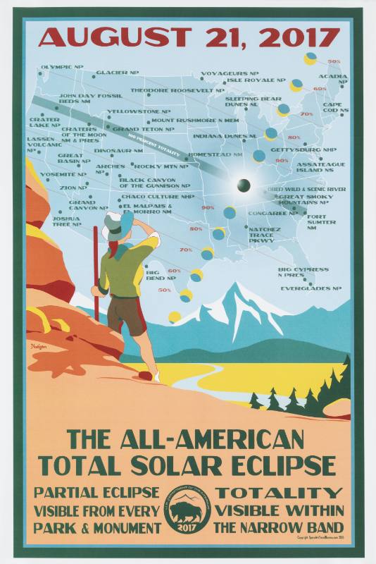 A poster of a hiker on a mountain looking at a map in the sky of the United States National Parks.
