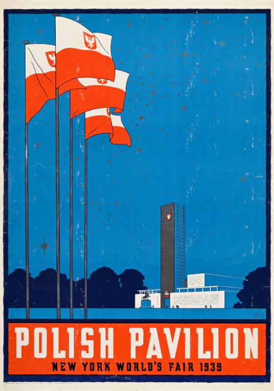 A poster of a white building underneath a Polish flag on a blue background.