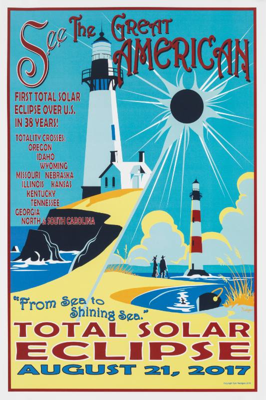 A poster featuring two seaside lighthouses under a solar eclipse in a blue sky.