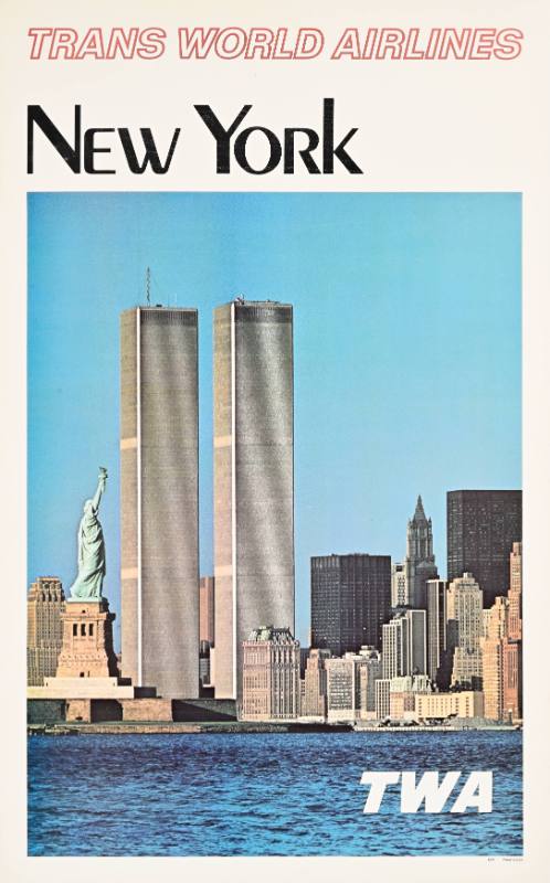A poster of the New York City skyline with the twin towers taller than all the other buildings.
