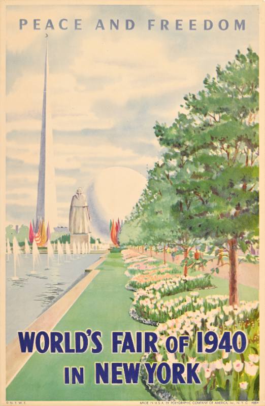 A poster of a side view of a lake at a park, with the Perisphere and Trylon in the background.