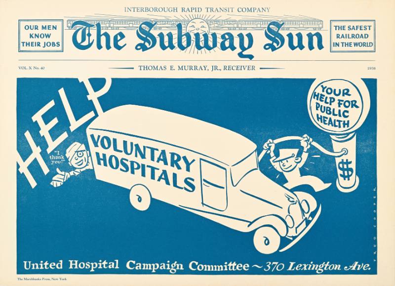 A poster of a cartoon man putting gas in an ambulance as a man puts his hand out from the back of the vehicle and asks for help