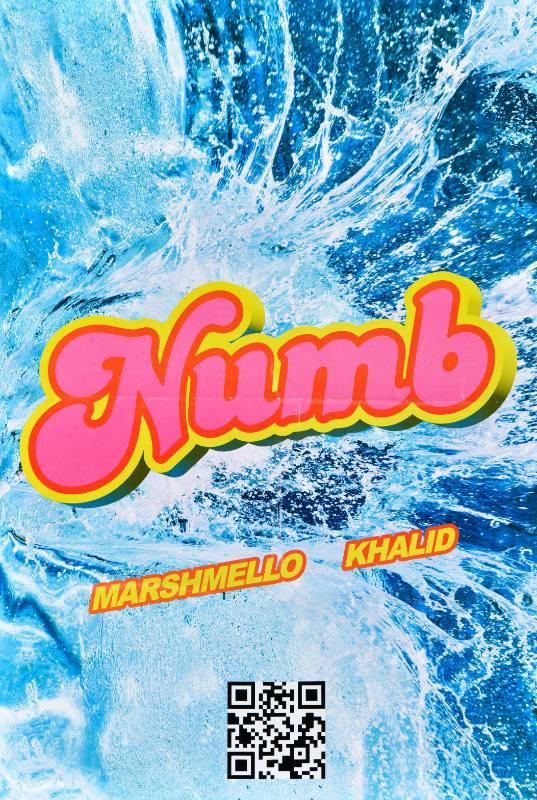 A poster of bright pink text on a blue water background