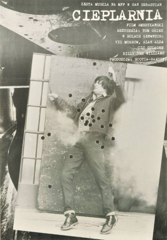 A poster of a black and white photograph of a man with hole punch holes printed on top of him