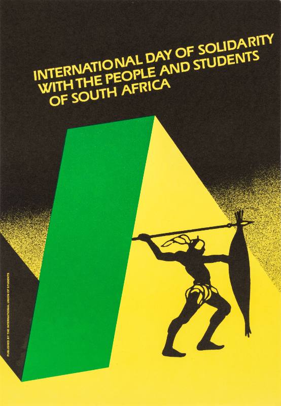 A poster of a large green rectangle behind a person with a spear stabbing an object.