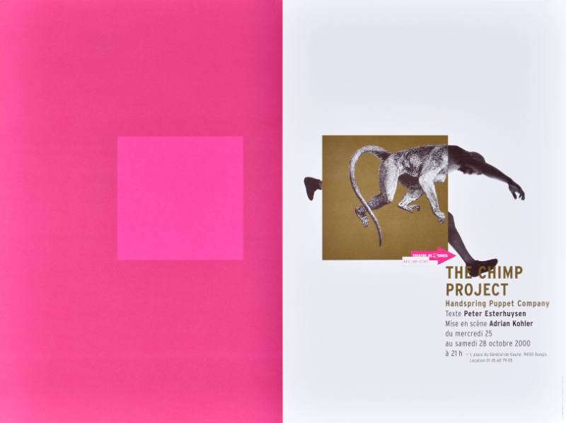 A poster of a monkey turning into a person on a brown box on a pink and white background