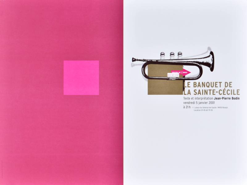 A poster of a trumpet over a brown box on a pink and white background
