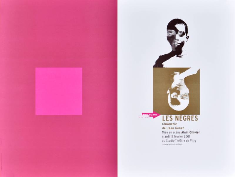 A poster of a black boy inverted onto a brown box on a pink and white background
