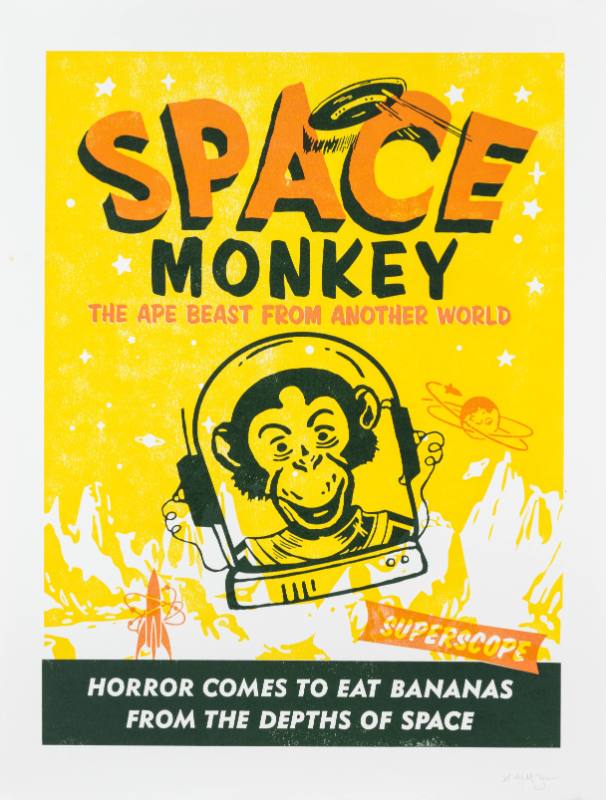 A yellow poster of a smiling monkey astronaut in a round capsule floating in space around planets.