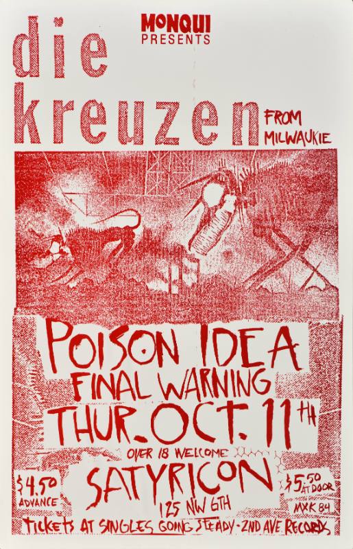 A poster of animal skeletons drawn in red chasing one another above shaky red text