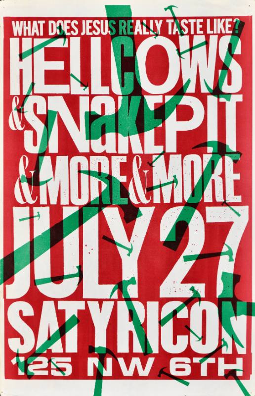 A poster of green hammers printed on top of white text on a red background