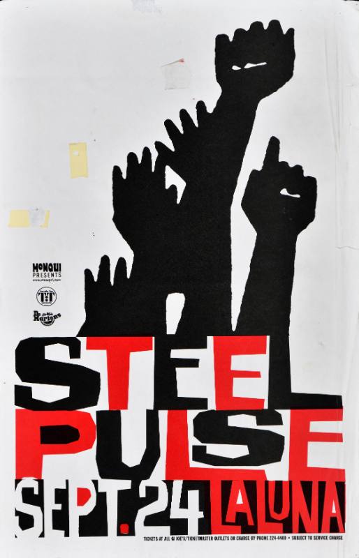 A poster of raised black hands over blocky red and black text on a white background
