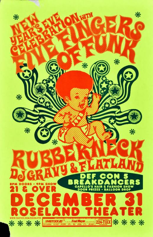 A poster of a Black baby with an afro and psychedelic text on a neon yellow background