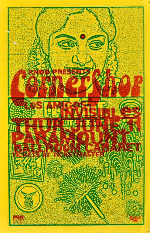 A poster of an Indian woman printed in green on a yellow background with red text on top