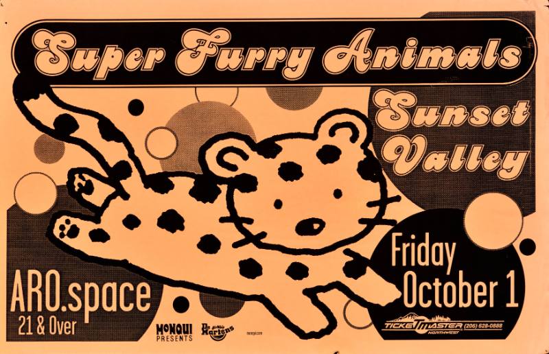 A poster of a cartoon spotted cat on a polkadot background