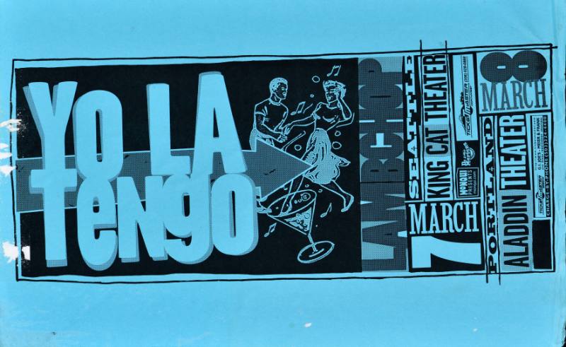 A poster of a cartoon man and woman dancing surrounded by text laid out like a ticket on a blue background