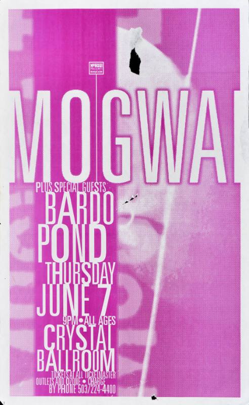 A poster of bold stacked text printed in white on a pink background